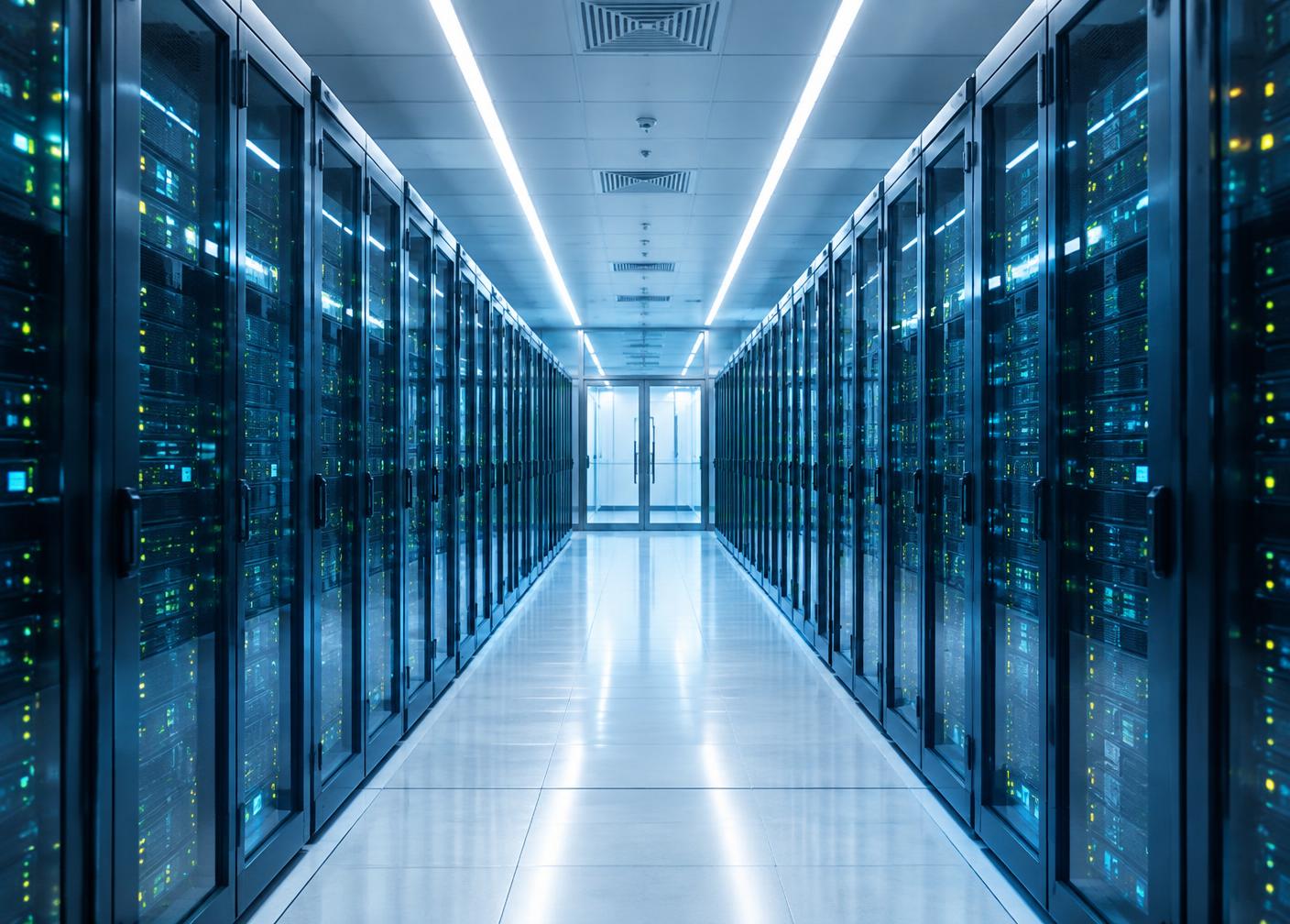 Data centre corridor lined with server racks and status lights